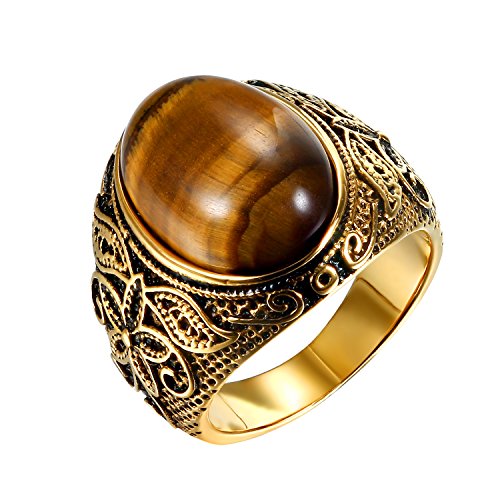 JewelryWe Schmuck Herren-Ring, Tiger-Auge Edelstahl, Retro Klasische geschnitzt Blumen Muster Ring Band, Gold - Größe 57 von JewelryWe