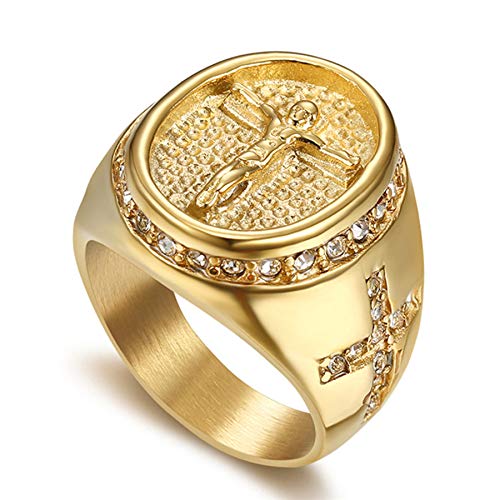JewelryWe Schmuck Herren-Ring Christian Jesus Kreuz Kruzifix Siegelring Strass Edelstahl Retro Religiöser Ring Band mit Gravur Gold Size 8 von JewelryWe
