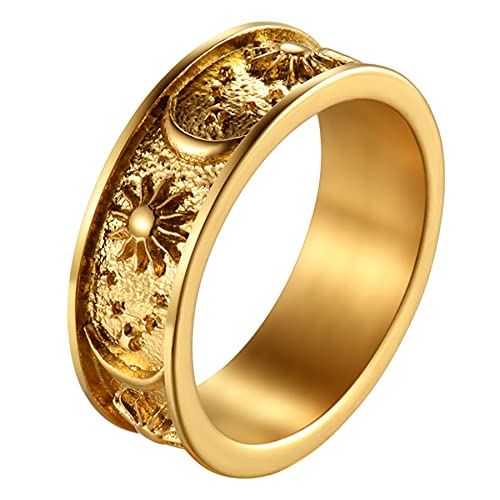 JewelryWe Schmuck Herren-Ring Damen Ring Edelstahl Sonne Stern Mond Verlobungsring Hochzeitring Boho Ring Geschenk für Männer Gold 8mm Größer 59 von JewelryWe