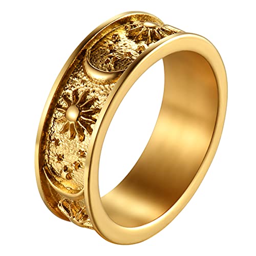 JewelryWe Schmuck Herren-Ring Damen Ring Edelstahl Sonne Stern Mond Verlobungsring Hochzeitring Boho Ring Geschenk für Männer Gold 8mm Größer 63 von JewelryWe