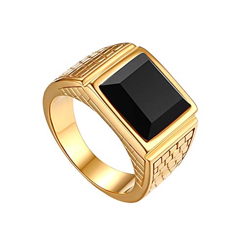 JewelryWe Schmuck Herren-Ring Edelstahl Glas Quadrat Siegelring Bandring Hochzeit Engagement Verlobung Ringe mit Gravur Gold Schwarz, Größe 62 von JewelryWe