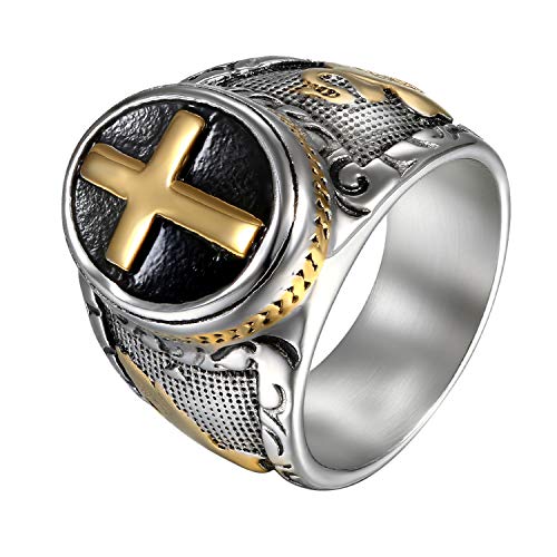 JewelryWe Schmuck Herren-Ring Edelstahl Retro Christian Heilig Kreuz Gebet Ring Bandring Gold Schwarz Silber, Größe 59 von JewelryWe