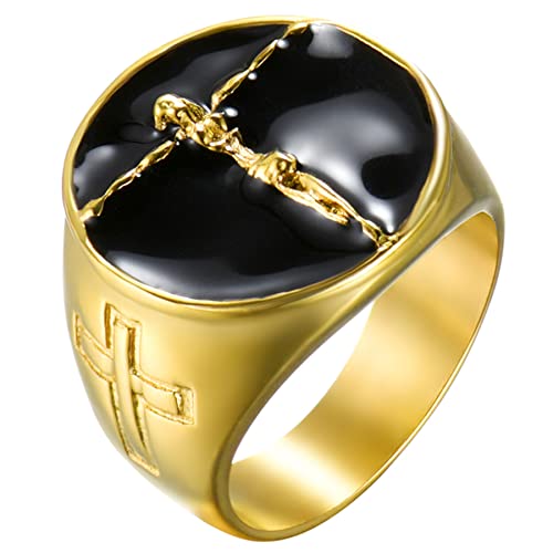 JewelryWe Schmuck Herren-Ring Edelstahl Retro Christian Jesus Christus Kreuz Ring Siegelring Religiöser Männer Band Bandring Gravur, Gold Schwarz Größe 65 von JewelryWe