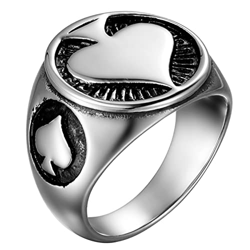 JewelryWe Schmuck Herren-Ring Edelstahl Vintage Gothic Pik Ass Poker Herz Ring Siegelringe Biker Tribal Männer Ringe Bandringe Gravur, Silber Größe 62 von JewelryWe
