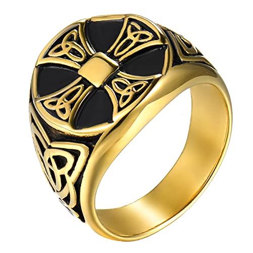 JewelryWe Schmuck Herren-Ring Edelstahl Vintage Wikinger Irische Trinity Keltische Knoten Kreuz Ringe Siegelringe Männer Bandringe Gravur, Gold Größe 62 von JewelryWe
