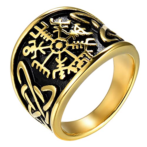 JewelryWe Schmuck Herren-Ring Edelstahl Vintage Wikinger Rune Kompass Vegvisir Ringe mit Keltischen Knoten Männer Bandringe Gravur, Gold Größe 54 von JewelryWe