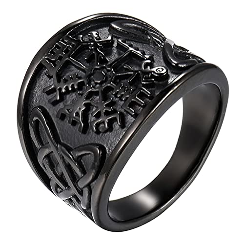 JewelryWe Schmuck Herren-Ring Edelstahl Vintage Wikinger Rune Kompass Vegvisir Ringe mit Keltischen Knoten Männer Bandringe Gravur, Schwarz Größe 59 von JewelryWe