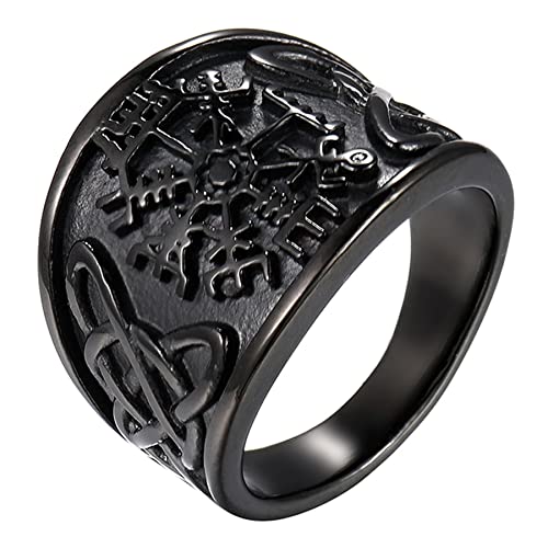 JewelryWe Schmuck Herren-Ring Edelstahl Vintage Wikinger Rune Kompass Vegvisir Ringe mit Keltischen Knoten Männer Bandringe Gravur, Schwarz Größe 67 von JewelryWe