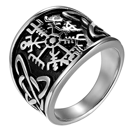 JewelryWe Schmuck Herren-Ring Edelstahl Vintage Wikinger Rune Kompass Vegvisir Ringe mit Keltischen Knoten Männer Bandringe Gravur, Silber Größe 54 von JewelryWe