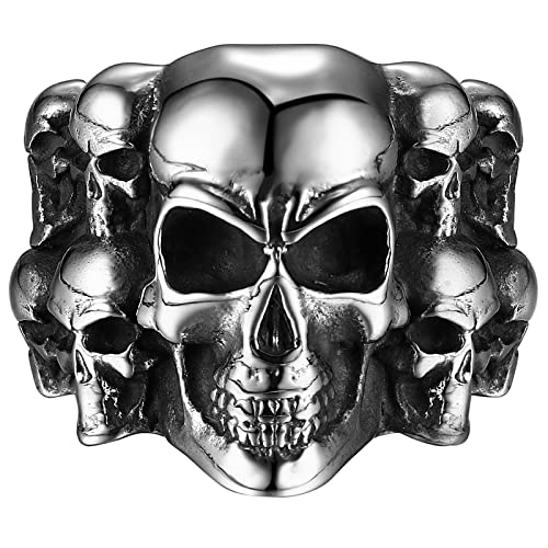 JewelryWe Schmuck Herren-Ring Gotik Punk Totenkopf Schädel Haufen Ring Edelstahl Band Bandring mit Gravur, Silber Größe 59 von JewelryWe