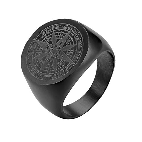 JewelryWe Schmuck Herren-Ring mit Gravur, Edelstahl Kompass Siegelring Runde Ring Band Silber Gold Schwarz Geschenk für Männer Größer 54-69 von JewelryWe