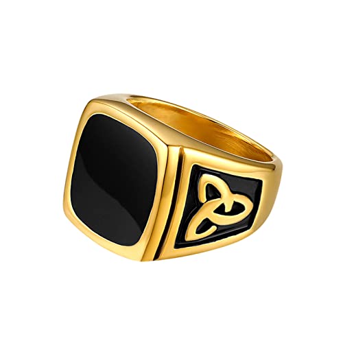 JewelryWe Schmuck Herren-Ring mit Gravur, Irischen Dreiecksknoten Trinity Keltisch Knoten Siegelring Edelstahl Emaille Ringe, Schwarz Gold Größe 71 von JewelryWe