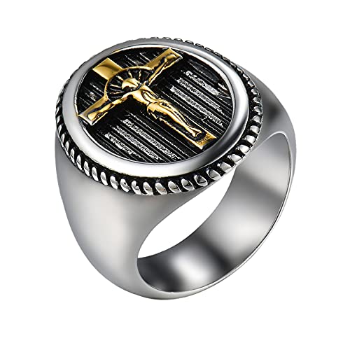 JewelryWe Kreuz Ring Siegelring Herren: Gold/Silber Edelstahl Herren-Ring Jesus Christus Kruzifix Fingerring Christlicher Religiöser Kreuzring Band Katholischer Schmuck Geschenk für Männer Größe 57 von JewelryWe