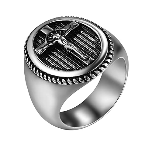 JewelryWe Schmuck Herren-Ring mit Gravur Edelstahl Jesus Kreuz Siegelring Band Silber Gold Größe 66 von JewelryWe