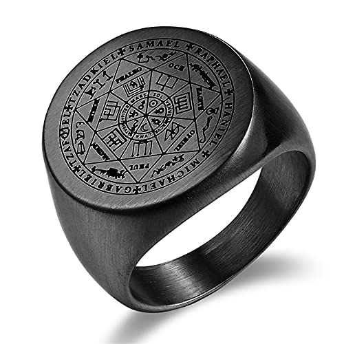 JewelryWe Schmuck Herren-Ring mit Gravur Edelstahl Siegel der Sieben Erzengel Siegelring Silber Gold Schwarz Größer 60mm von JewelryWe