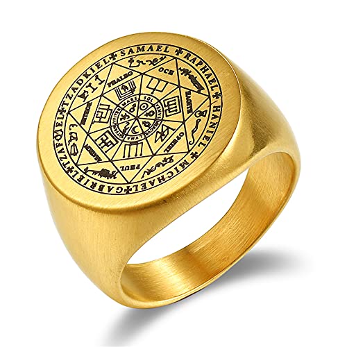 JewelryWe Schmuck Herren-Ring mit Gravur Edelstahl Siegel der Sieben Erzengel Siegelring Silber Gold Schwarz Größer 66mm von JewelryWe