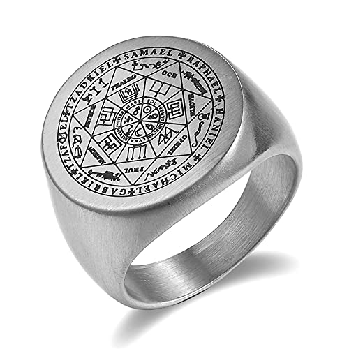 JewelryWe Schmuck Herren-Ring mit Gravur Edelstahl Siegel der Sieben Erzengel Siegelring Silber Gold Schwarz Größer 68mm von JewelryWe