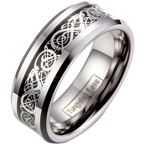 JewelryWe Schmuck Herren Wolframcarbid Ring Band Silber Schwarz Irish Celtic Knot Irischen Keltisch Knoten Drachen Jahrgang Hochzeit Größe 49 von JewelryWe