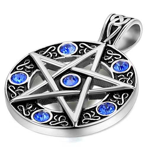 JewelryWe Schmuck Herren Pentagramm Kette, Retro Openwork mit blau Strass Anhänger, Edelstahl Halskette von JewelryWe