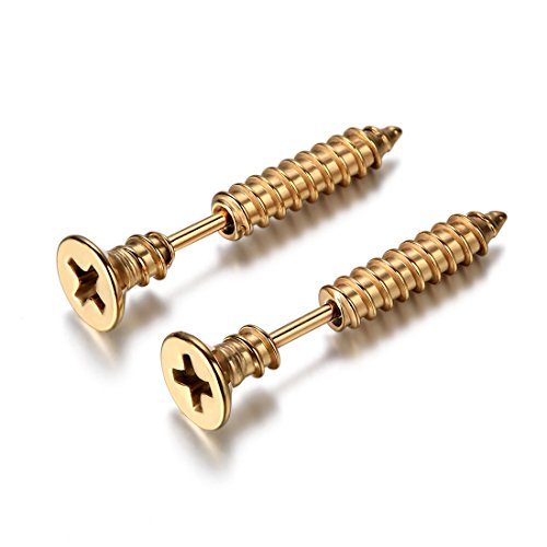 JewelryWe Schmuck Hip Hop FAKE PLUG Edelstahl OHRRINGE SCHRAUBE Ohrstecker Screw Punk Rock Stil Ohrschmuck Gold ein Paar von JewelryWe