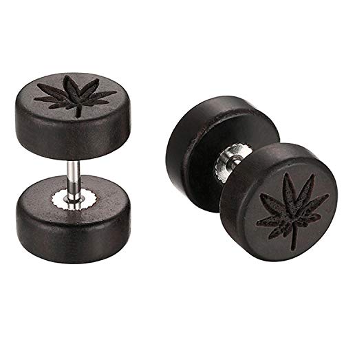 JewelryWe Schmuck Holz Ohrstecker Edelstahl Ahornblatt Blatt Fake Plug Tunnel Barbell Ohrringe Piercing für Herren Damen Schwarz von JewelryWe