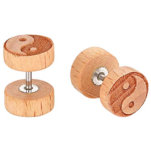 JewelryWe Schmuck Holz Ohrstecker Edelstahl Yin Yang Fake Plug Tunnel Barbell Ohrringe Piercing für Herren Damen Dunkelbraun von JewelryWe