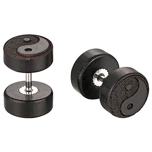 JewelryWe Schmuck Holz Ohrstecker Edelstahl Yin Yang Fake Plug Tunnel Barbell Ohrringe Piercing für Herren Damen Schwarz von JewelryWe