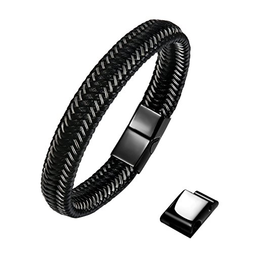 JewelryWe Schmuck Jazz Herren Reines Leder Armband Schwarz Edelstahl Magnetverschluss Größe einstellbar 8,2 "-8,7" (21-22cm) mit Kostenloser Geschenkpackung von JewelryWe