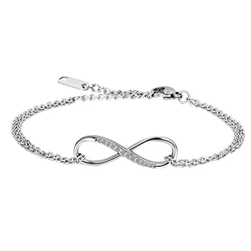 JewelryWe Unendlichkeitszeichen Armband Damen Edelstahl: Klassisch Infinity Unendlichkeit Lieben Zeichen Zirkonia Armkette Verstellbar Charm Armkettchen Armreif Geschenk für Frauen Mädchen Silber von JewelryWe