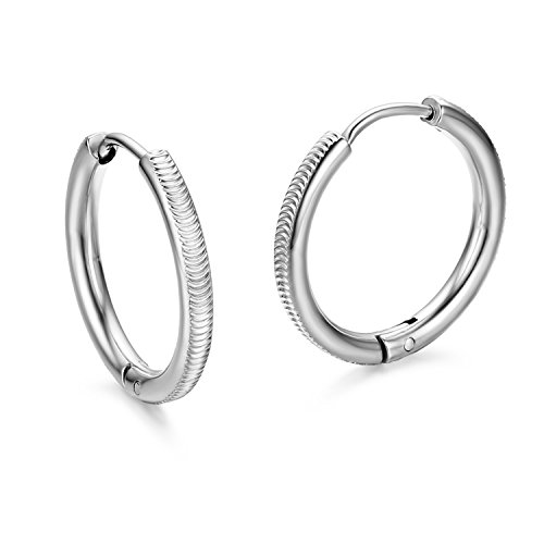 JewelryWe Schmuck Klassische Creolen Ohrringe Edelstahl Streifen Klapp-Creolen 20mm Rund Hängend Ohrhänger Ohrschmuck für Damen Herren Silber von JewelryWe