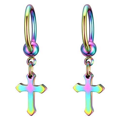 JewelryWe Kreuz Ohrringe Herren Damen: Klassische Edelstahl Creolen Huggie Kreolen Ohrstecker Ohrhänger mit Kruzifix Kreuz Anhänger Hängende Ohrringe für Frauen Männer Regenbogen Farbig von JewelryWe