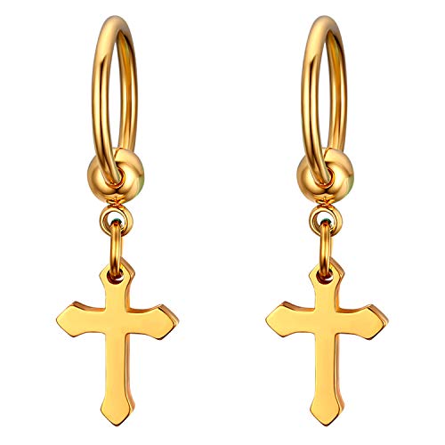 JewelryWe Schmuck Kreuz Ohrringe, Klassische Edelstahl Creolen Ohrstecker Ohrhänger mit Kruzifix Anhänger für Herren Damen, Gold von JewelryWe