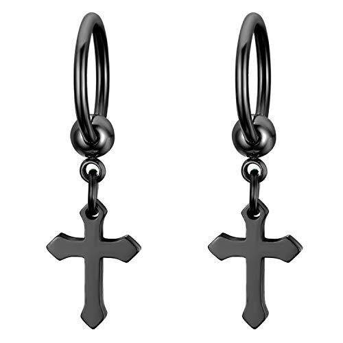 JewelryWe Schmuck Kreuz Ohrringe, Klassische Edelstahl Creolen Ohrstecker Ohrhänger mit Kruzifix Anhänger für Herren Damen, Schwarz von JewelryWe