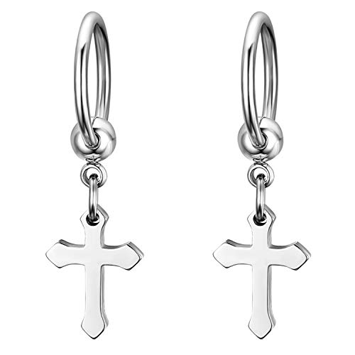 JewelryWe Schmuck Kreuz Ohrringe, Klassische Edelstahl Creolen Ohrstecker Ohrhänger mit Kruzifix Anhänger für Herren Damen, Silber von JewelryWe