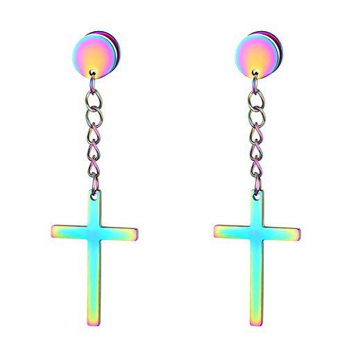 JewelryWe Schmuck Kreuz Ohrringe Edelstahl Fakeplugs Fake Plug Tunnel Ohrstecker Ohrhänger Ohr-Piercings mit Baumelnde Kruzifix Anhänger für Herren Damen, Bunt Mahrfarbig von JewelryWe