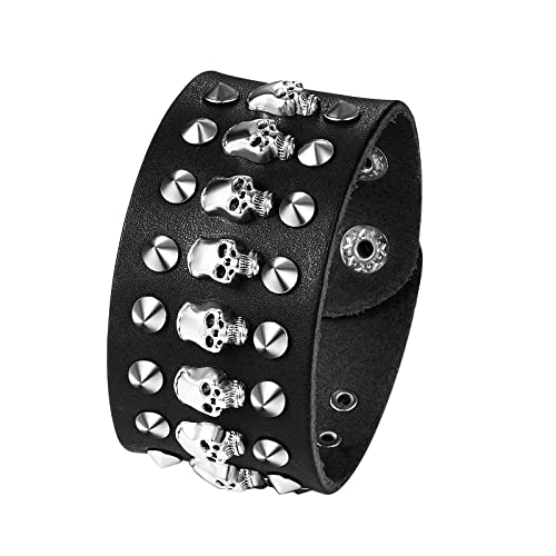 JewelryWe Schmuck Leder Armband Herren Punk Rock Gothic Breit Manschette Lederarmband mit Schädel Totenkopf Nieten Verstellbar Armreif Geschenke für Männer Schwarz von JewelryWe