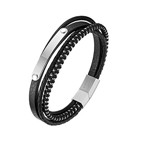 JewelryWe Schmuck Lederarmband, Handgemacht Geflochten Mehrreihiges Echtleder Armband Edelstahl Magnetverschluss Armreif Manschette für Herren Damen, Silber Schwarz von JewelryWe