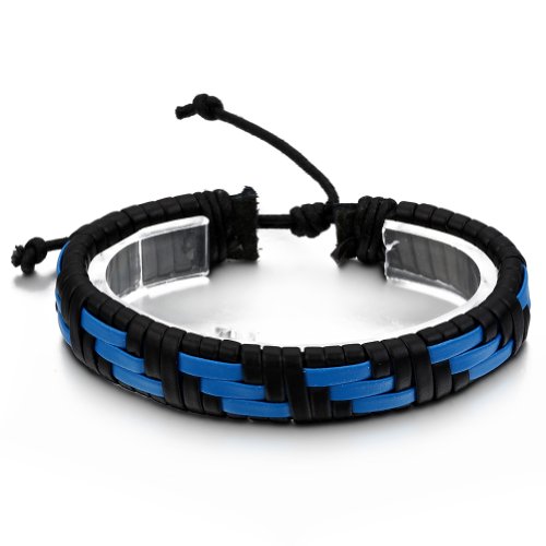 JewelryWe Schmuck Lederarmband Blau Schwarz geflochten Leder Armband Armreif Partnerarmband Geschenk für Herren Damen Breite 11mm 17-25cm Verstellbar von JewelryWe