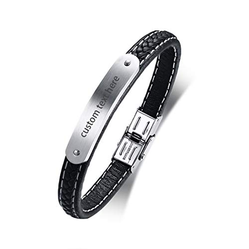 JewelryWe Schmuck Personalisierte Lederarmband mit Gravur, Edelstahl Leder Poliert geflochten Armband Armreif Manschette für Herren Männer, Schwarz Silber von JewelryWe