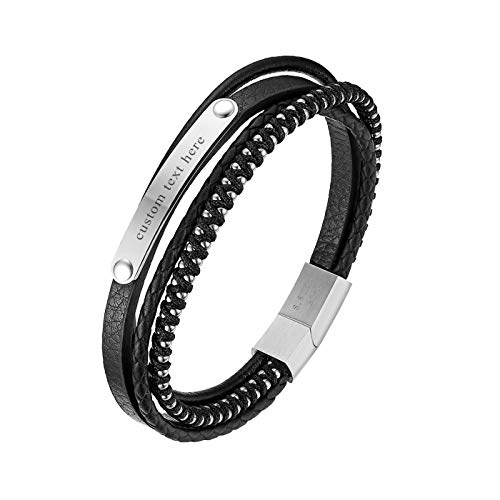 JewelryWe Schmuck Personalisierte Lederarmband mit Gravur, Handgemacht Geflochten Mehrreihiges Echtleder Armband Edelstahl Magnetverschluss Armreif Manschette für Herren Damen, Silber Schwarz von JewelryWe