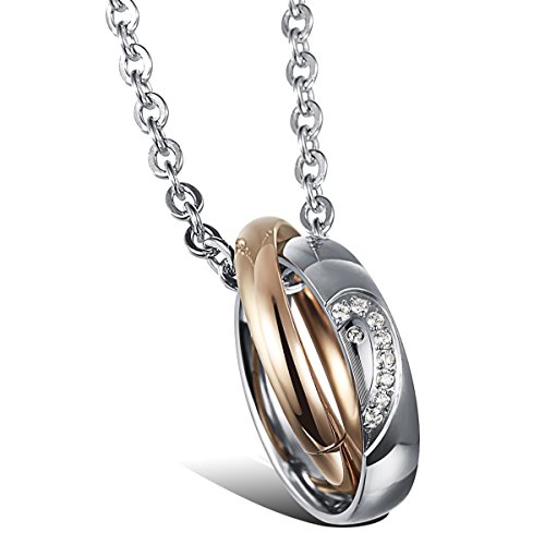 JewelryWe Schmuck LOVE Herz Doppel Ringe Verriegelt Damen-Anhänger mit 45cm Kette, Edelstahl Zirkonia, Halskette für Frauen, Rose Gold Silber von JewelryWe