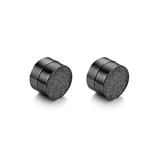 JewelryWe Schmuck Magnet Ohrringe Edelstahl sandgestrahlt Fake Plug Magnetisch Rund Ohrstecker Tunnel Non-Piercing Ohrclips für Herren Damen Schwarz von JewelryWe