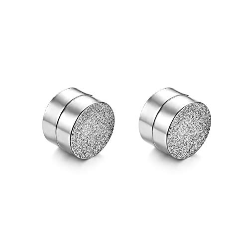 JewelryWe Schmuck Magnet Ohrringe Edelstahl sandgestrahlt Fake Plug Magnetisch Rund Ohrstecker Tunnel Non-Piercing Ohrclips für Herren Damen Silber von JewelryWe