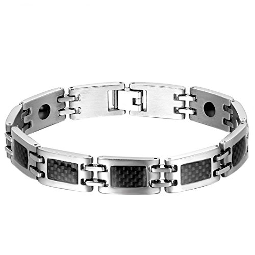 JewelryWe Schmuck Magnet Therapie Kugel Perle Perlen Edelstahl Kohlenstoff Carbon Fiber Kohlefaser Armband Link Handgelenk Silber Schwarz Motorradfahrer Biker Herren von JewelryWe