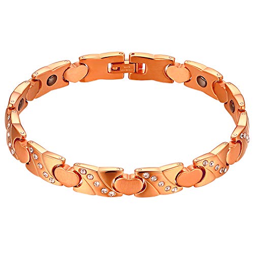 JewelryWe Magnetarmband Herz Armband Damen: Rosegold Edelstahl Magnet Therapie Kugel Perle Perlen X Herz Link Armkette mit Zirkonia Verstellbar Handgelenk Kettenarmband Gliederarmband für Frau Mädchen von JewelryWe