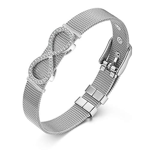 JewelryWe Schmuck Mesh Armband Damen Edelstahl Infinity Unendlichkeit Lieben Zeichen Charms Armkette Armreif Charmband mit Zirkonia Silber von JewelryWe