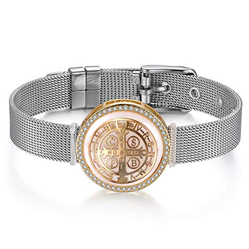 JewelryWe Schmuck Mesh Armband Damen Edelstahl Zirkonia Exorcism St Benedict Kreuz Charms Armkette Armreif Charmband mit Weiß Abalone Muschel Gold Silber von JewelryWe