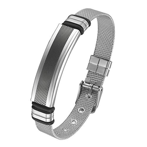 JewelryWe Schmuck Mesh Armband Edelstahl Klassische Kariert Gitter Armreif Manschette verstellbar mit Gravur für Herren Damen Schwarz Silber von JewelryWe