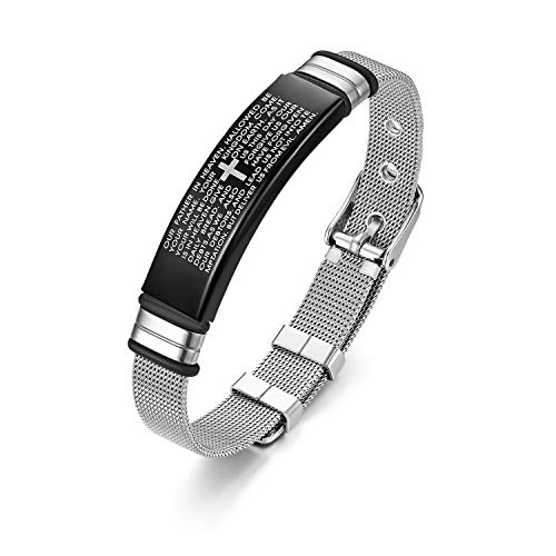 JewelryWe Herren Mesh Armband mit Gravur Edelstahl Englisch Bibel Lords Gebet Kreuz Armreif Religiöse Schmuck Schwarz Silber von JewelryWe