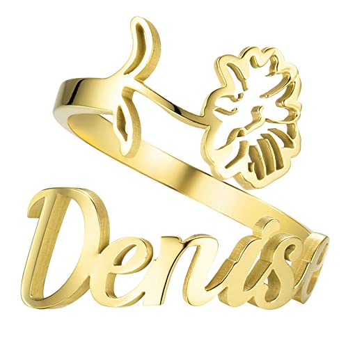 JewelryWe Schmuck Namensring Damen Personalisiert Ring mit Namen Edelstahl April Gänseblümchen Geburtsblume Geburtsmonat Blumenring Offen Verstellbar Gold Geburtstag Geschenk für Frauen Mädchen von JewelryWe